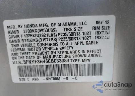 2012 Honda Pilot Ex from USA, damaged, VIN 5FNYF3H46CB033083